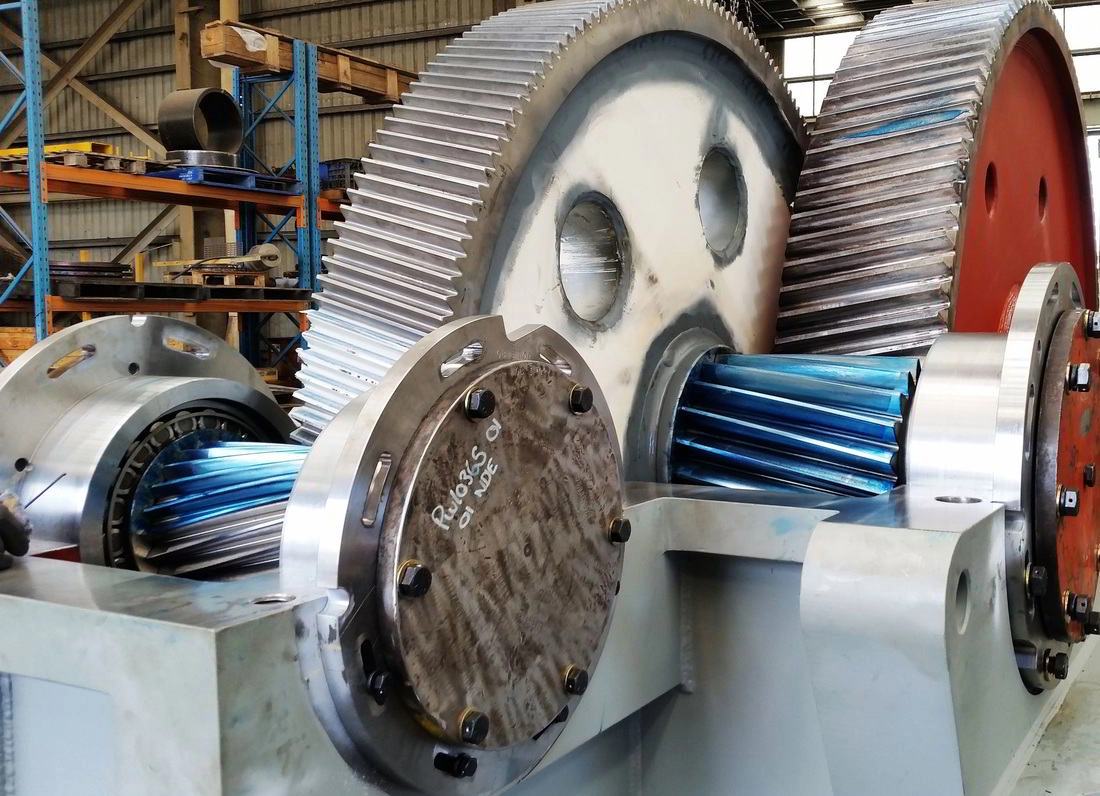 A reverse-engineered gear case assembly built from ABC drawings, fitted on the workshop floor