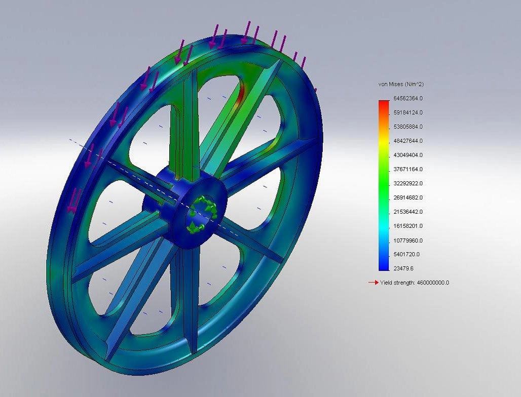SolidWorks FEA von Mises analysis of a spoked sheave wheel under load